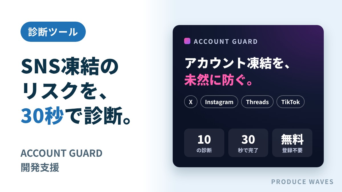 SNS凍結診断ツール「ACCOUNT GUARD」の紹介画像。X・Instagram・Threads・TikTokに対応